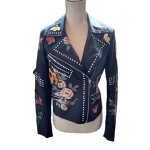BAGATELLE BLACK EMBROIDERED FAUX LEATHER JACKET SIZE XS